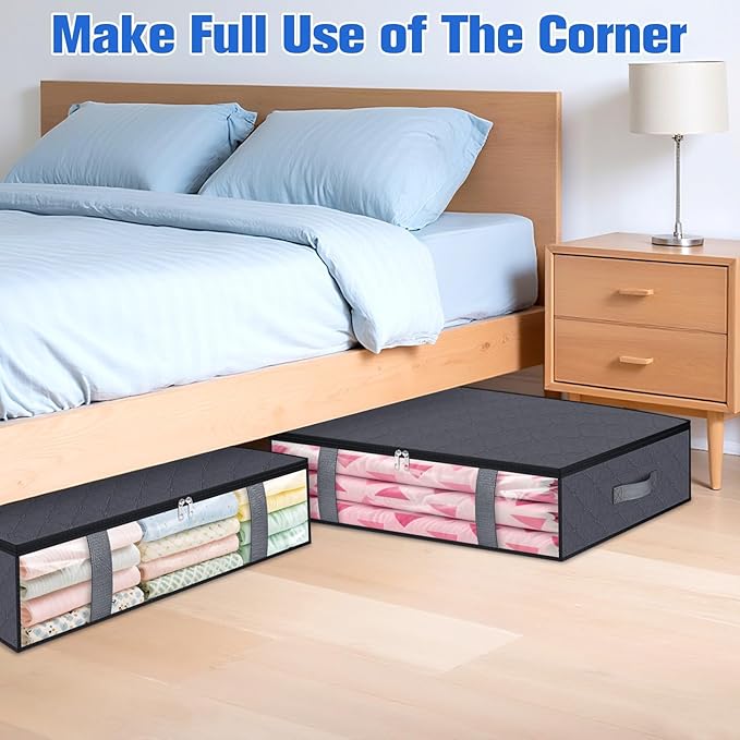 Under Bed Storage Containers, 2 Pack Blanket Storage Bags, Collapsible Storage Bags with Big Zippers, Clear Front, Shoe Storage and Organization for Clothes, Comforter, 60L, Grey