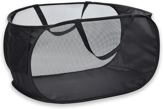 Pop Up Laundry Hamper,Collapsible Horizontal Baskets with Handles & Side Pocket,Foldable Sturdy mesh for Laundry Room,Bathroom,Kids Room,College Dorm or Travel (Black)