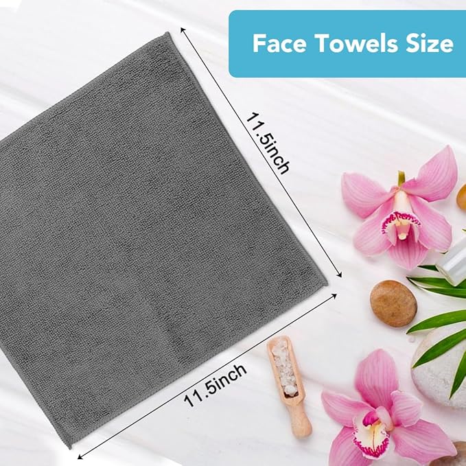 Orighty Washcloths Towels Set 10 Pack, Highly Absorbent and Soft Feel Microfiber Face Cloths, Multi-Purpose Wash Cloths & Hand Towels for Bathroom, Hotel, Spa, and Gym, 11.5x11.5 Inch, Grey