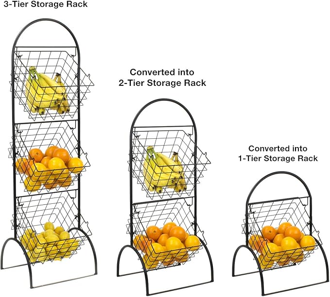 Sorbus 3-Tier Wire Market Basket Storage for Fruit, Vegetables, Toiletries, Household Items, Stylish Tiered Serving Stand for Kitchen, Bathroom Organization