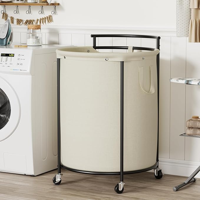 Chrislley 200L Laundry Basket with Wheels,2 section Rolling Laundry Hamper with Removable Bag,Round Laundry Cart with Steel Frame and Handle,Large Dirty Clothes Hamper for Laundry Room,Bedroom(Beige)