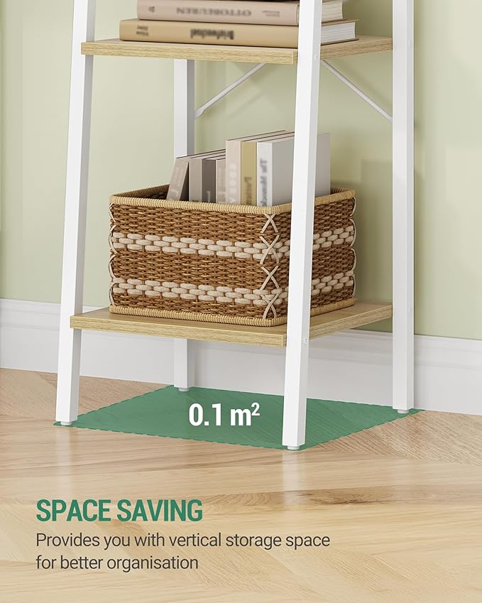 Ladder Shelf, Bookshelf Bookcase, Freestanding Corner Storage Shelve with 2 Hooks for Home Office, Living Room, Kitchen, Bedroom, Industrial, 11.8" D x 13.4" W x 72.8" H, White Oak and White