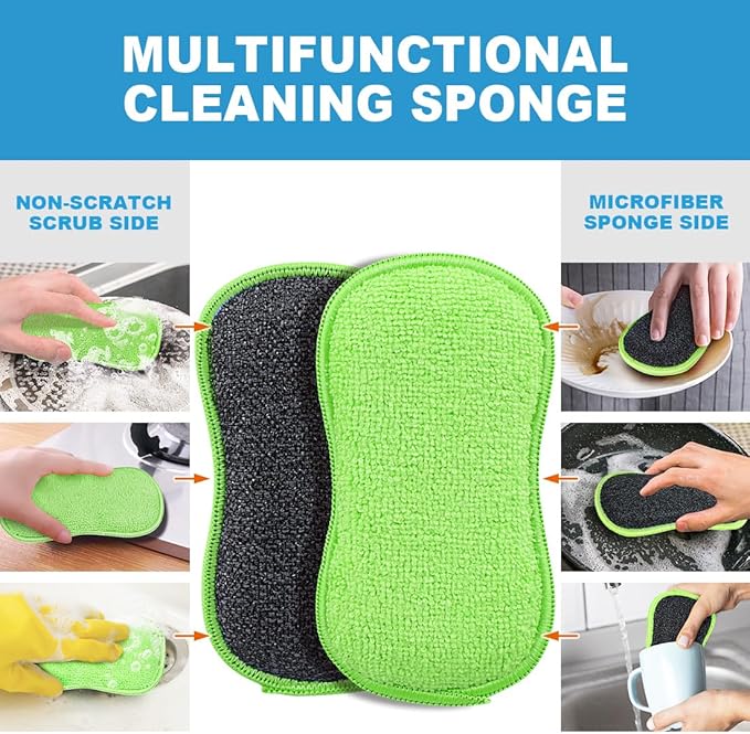 HOMEXCEL 12 Pack Multi-Purpose Scrub Sponges Kitchen Dish Sponge Non-Scratch Microfiber Sponge for Efficiently Cleaning Dishes Pots Pans Green