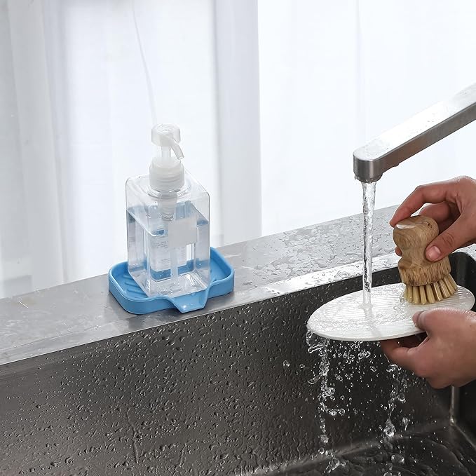 MicoYang Silicone Bathroom Soap Dishes with Drain Spout-Bathroom and Kitchen Sink Organizer,Sponge Holder,Dish Soap Tray,Perfect for Dispenser,Scrubber,Bottle on Sink or Counter-Light Blue 4.9"×3.2"