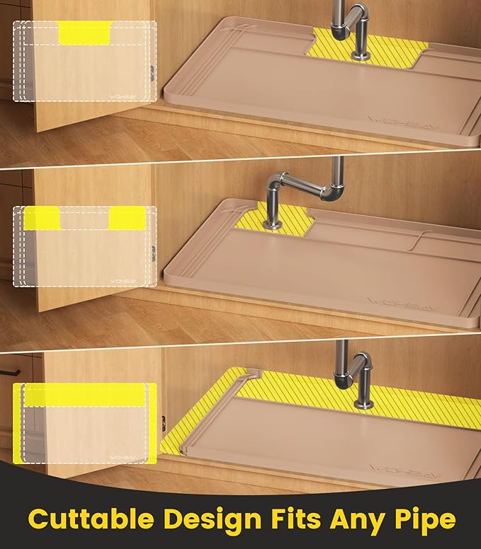 Wohbay Under Sink Mats for Kitchen Waterproof, Cut to Fit Under Sink Drip Tray for Kitchen Bathroom Cabinets, Silicone Under-Cabinet Hold Up to 3.3 Gallons Liquid, 34" X 22" Or Smaller -Khaki