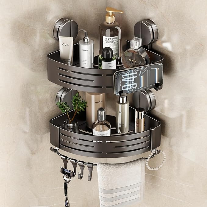 VOLPONE Corner Shower Caddy Suction Cup Shower Shelf Corner No Drilling Bathroom Shower Organizer Storage Rack Adhesive with Towel Bar Hooks(2-Pack, Gray)