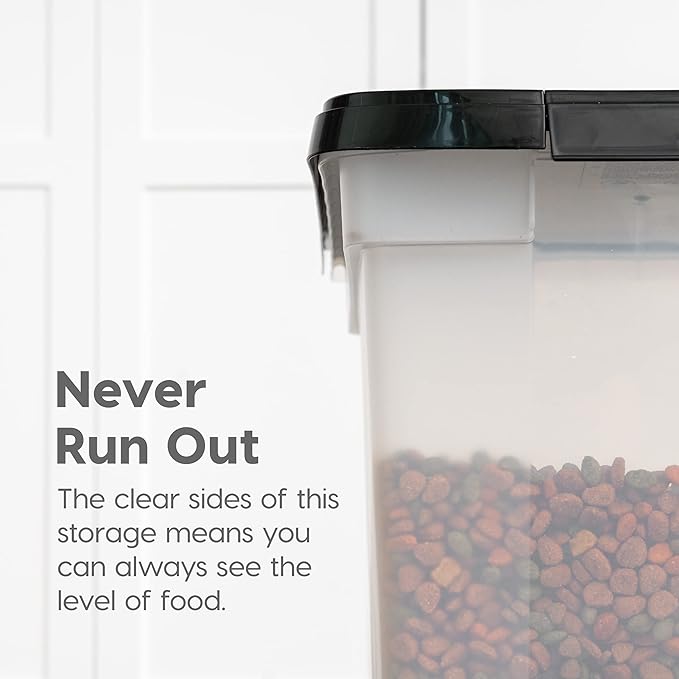 IRIS USA Airtight Dog Food Storage Container, WeatherPro, Up to 50 lbs, Removable Wheels, for Dog Cat Bird and Other Pet Food Storage Bin, Keep Fresh, Translucent Body, Made in USA, Clear/Black