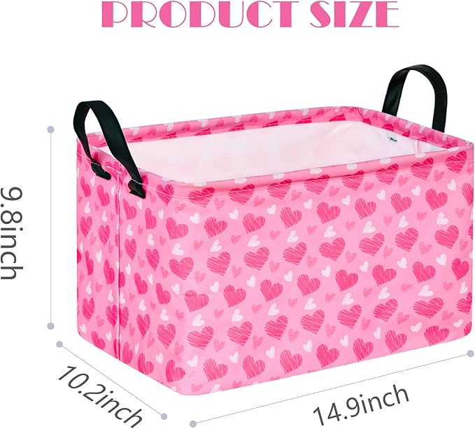 Girls Storage Basket Heart Print Storage Cube for Women, Closet Shelf Organizer Bins Empty Gift Basket with Handles Girls Nursery hamper Kids Toys Books Box Room Deco