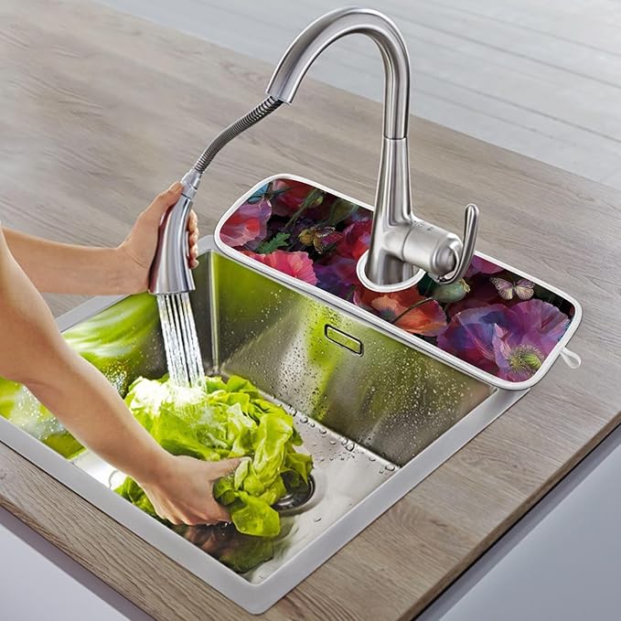 Sink Faucet Absorbing Mat Kitchen Sink Splash Guard Splash Faucet Drip Catcher for Bar RV Bathroom 2PCS 14.9x5.5in Pink Purple Poppy