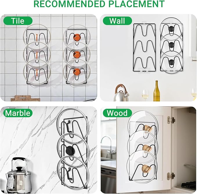 8 Pack Pot Lid Organizer for Cabinet Door Wall,3-Tier Stainless Steel Wall-mounted Pot Lid Rack Holder inside Cabinet Door, Anti-slip No Drilling Rustproof Pot Lid Organizer for Kitchen Storage-Black