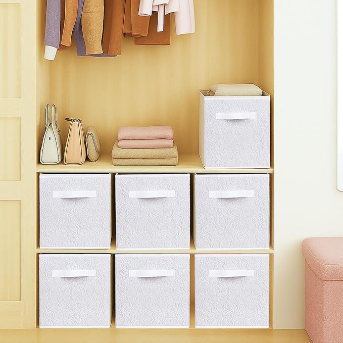 ShellKingdom Storage Bins, Foldable Fabric Storage Cubes with 3D Embossed Rose Pattern, Cloth Organizer Drawer For Closet And Toys, 10.5 X 10.5 X 11 inch, 2 Pack (White)