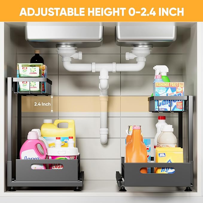 Under Sink Organizer Storage 2-Tier Premium Metal Pull-Out Kitchen Cabinet Organizer with Sliding Drawer, Height Adjustable, Heavy Duty for Kitchen & Bathroom Organizers 2 Pack Black
