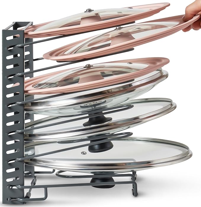 Free-Standing Adjustable Pot Lid Organizer for Cabinet - Kitchen Storage Rack 6 Adjustable Shelves, Pot Lid Holder, Pan and Pot Rack Organizer, Pantry & Inside Cabinet Organizer (13” Clearance)