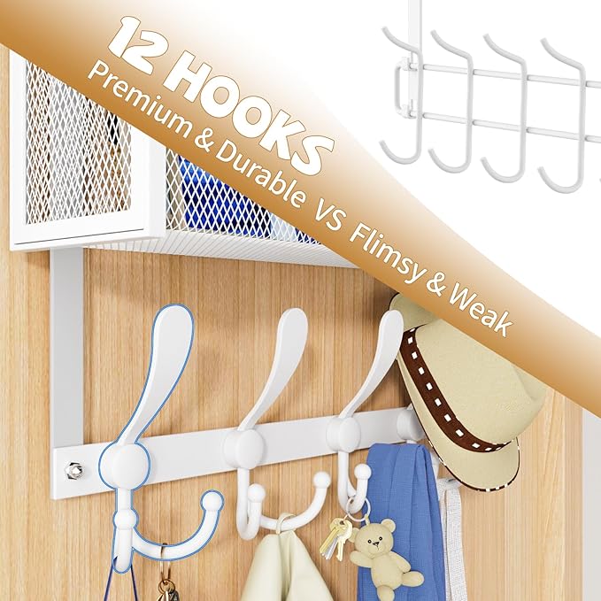 Kaiferty Over The Door Hooks Organizer, Coat Rack Over The Door Storage Hanger Towel Rack, Back of Door Storage Organizer for Bathroom,Bedroom,Kitchen,Office (White, 4-Tier)