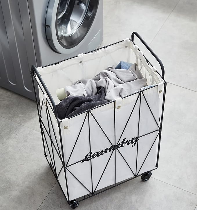 Mxfurhawa Iron Wire Laundry Hamper With Rolling Lockable Wheels, FoldinLaundry Storage Basket with Handles,Detachable Liner Collapsible Dirty Laundry Cart Sorter Clothes Basket Organizer (81-Black)