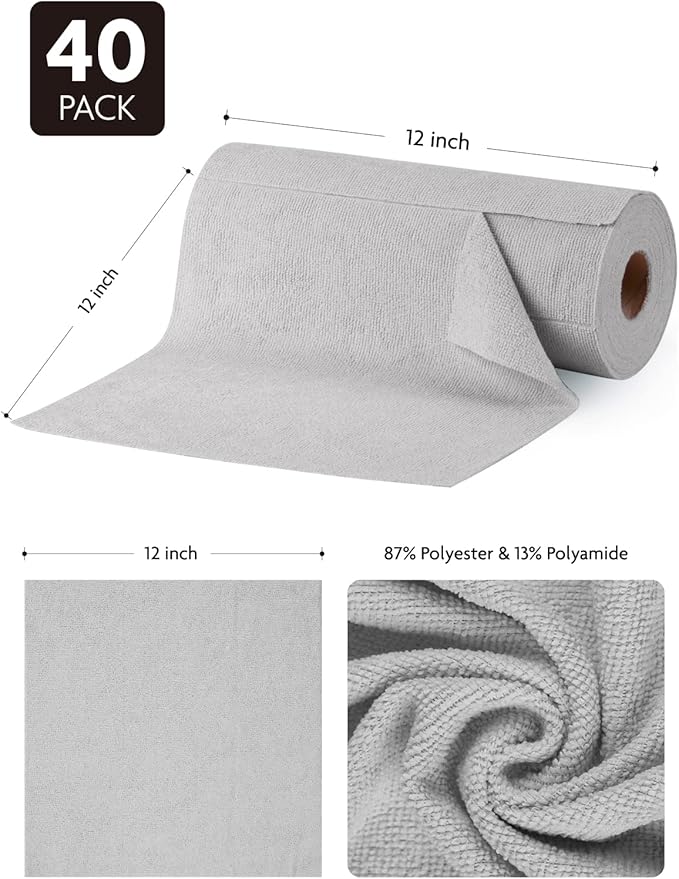 Fantasticlean Microfiber Cleaning Cloth Roll -40 Pack, Tear Away Microfiber Towels, 12" x 12", Reusable, Washable, Scratch Free, Ultra Absorbent Dishcloth for for All-Around Cleaning Supplies (Grey)