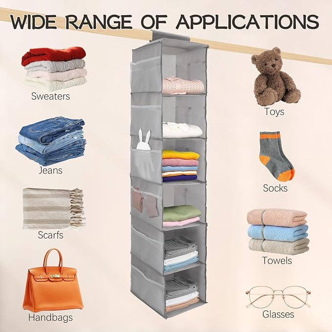 2Pack Hanging Closet Organizer, 6 Tier Hanging Storage Shelves, Foldable Clothes Organization, Wardrobe Organiser with 18 Side Pockets for Home Bedroom Organization Clothes Accessories