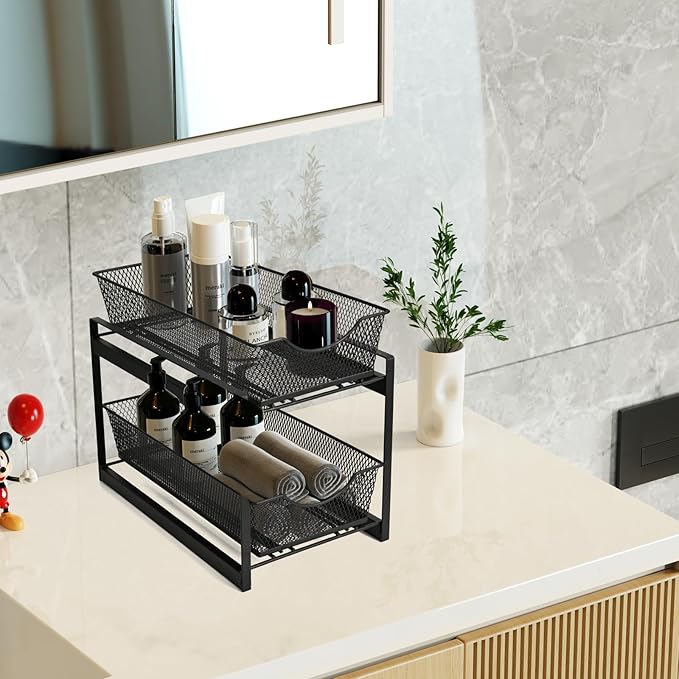 IBERG 2 Tier Under Sink Organizer, Pull Out Mesh Metal Storage Organizer for Kitchen, Bathroom & Pantry (Black)
