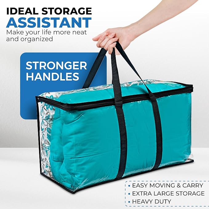 4 Pack Clear Large Moving Bags, Heavy Duty Storage Bags, College Totes, Storage Bins, for Organizing Blankets, Clothing for College, Dorm, Packing, Durable with Zipper and Handle 25x14x12