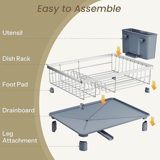 SNTD Dish Drying Rack - Small Dish Rack for Kitchen Counter, Stainless Steel Dish Drainer with Utensil Holder and Drainboard, 11" W x 15" L (Silver)