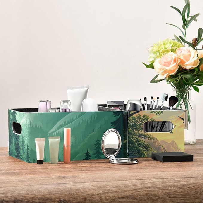 Mountain Forest Trees Green 02 Closet Storage Bins 2 Pcs Felt Open Home Storage Containers Organizer with Handles Collapsible Shelf Basket for Home Office Craft Room Classroom Fabric