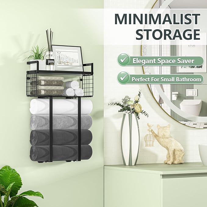 Towel Racks for Bathroom, Metal Towel Holder with Storage Basket,Wall Towel Rack for Rolled Towels, Towel Storage for Small Bathroom,Black