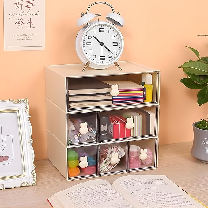 Desktop Storage Drawers, Plastic Desk Organizer with 2 Drawers, Modular Stackable Toolbox Units for Office Stationary, Makeup Container, Bathroom Countertop (1 Tall Layer, Cream & Clear)