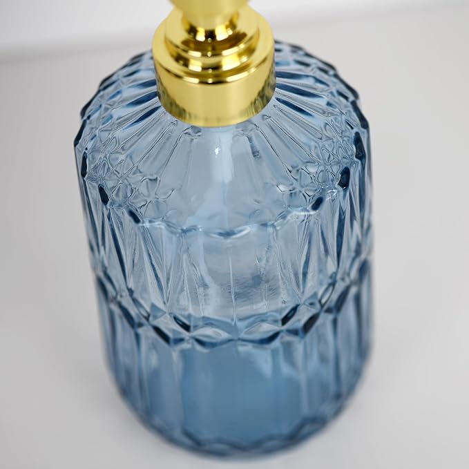 18oz Blue Glass Soap Dispenser, Refillable Kitchen, Bathroom Thick Glass Soap Dispenser with Golden Rustproof Pump for Dishwashing Liquid, Hand Soap, Lotion, Body Wash (Blue-Golden Pump)