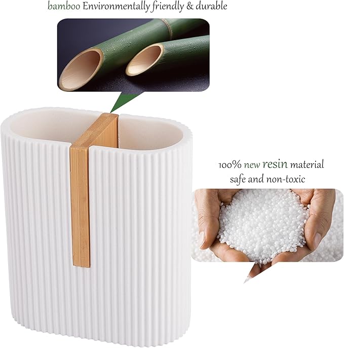 rejomiik Matte White Toothbrush Holders Electric Toothbrush Holder for Bathrooms, Bamboo Tooth Brushing and Toothpaste Storage Organizer for Sink, Countertop