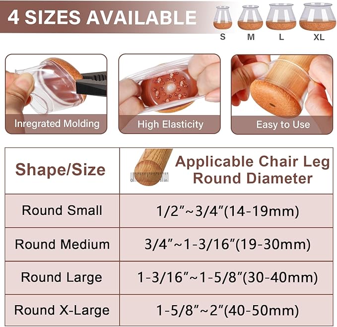 Chair Leg Floor Protectors Round Chair Leg Protectors for Hardwood Floors Silicone Caps Felt Furniture Pads Covers Anti-Scratch Reduce Noise 32 Pack Clear Round X-Large Fit 1-5/8" to 2" (40-50mm)