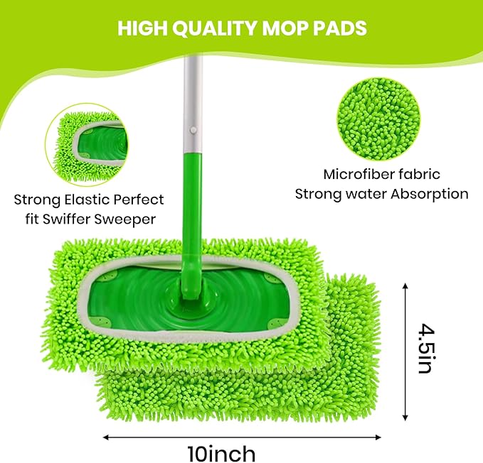 8 Pack Chenille Mop Pads, Reusable Mop Refills for 10''–12'' Flat Mops, Washable Wet & Dry Pads for Hard Floors, Compatible with Swiffer Sweeper Mops
