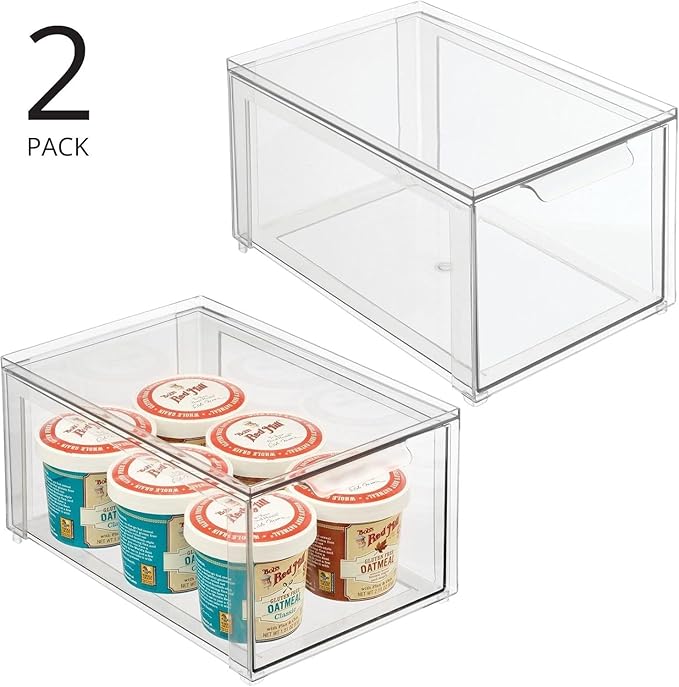 mDesign Kitchen Storage Drawer Box – Plastic Storage Box with Pull-Out Drawer – Pantry, Fridge and Cupboard Storage for Food and Snacks – Pack of 2 – Clear