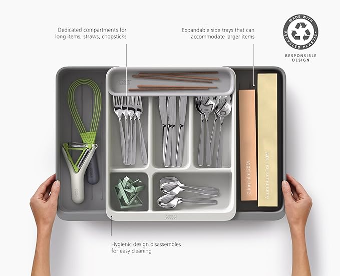 Joseph Joseph DrawerStore Expanding Flatware Cutlery Organizer, Expandable Utensil Tray for Kitchen Drawer, Recycled Plastic
