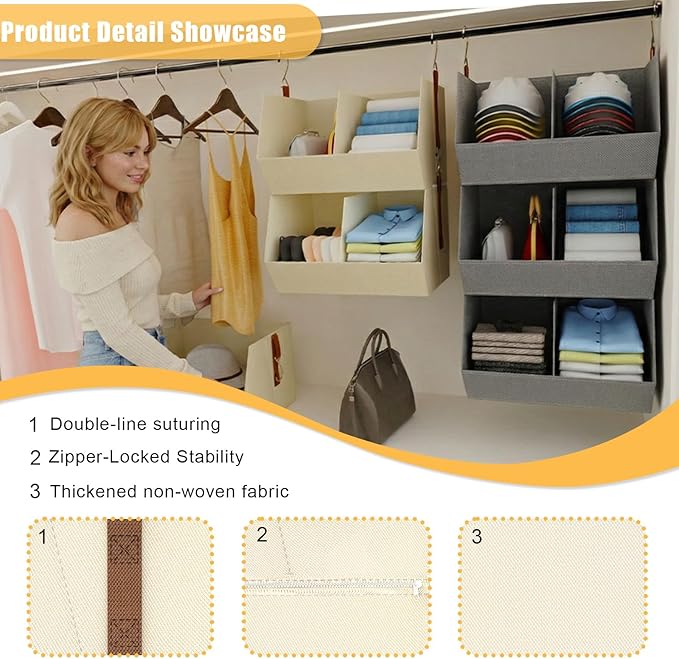 1 Pack,Hanging Closet Organizer 3 Tier,Disassemblable Clothes Hanging Shelves,Space-Saving Closet System, Fabric Storage Bins Bedroom Organization,Collapsible Baskets for Home, Dorm, Rv,Beige