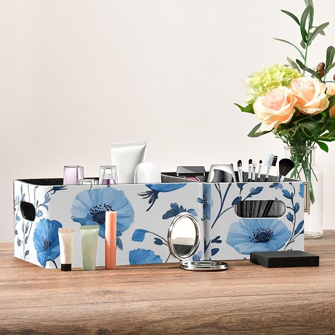 Blue Poppy Flowers Closet Storage Bins 2 Pcs Felt Open Home Storage Containers Organizer with Handles Collapsible Shelf Basket for Home Office Craft Room Classroom Fabric