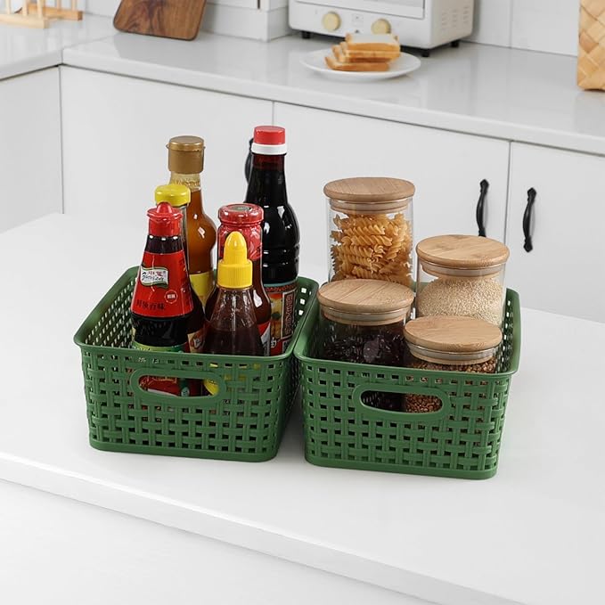 Plastic Woven Storage Baskets, Plastic Storage Baskets for Organizing, Deep Green, 6 Packs