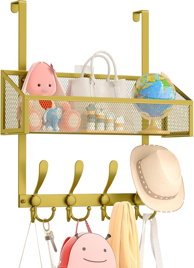 Kaiferty Over The Door Hooks Organizer, Coat Rack Over The Door Storage Hanger Towel Rack, Back of Door Storage Organizer for Bathroom,Bedroom,Kitchen,Office (Gold, 2-Tier)