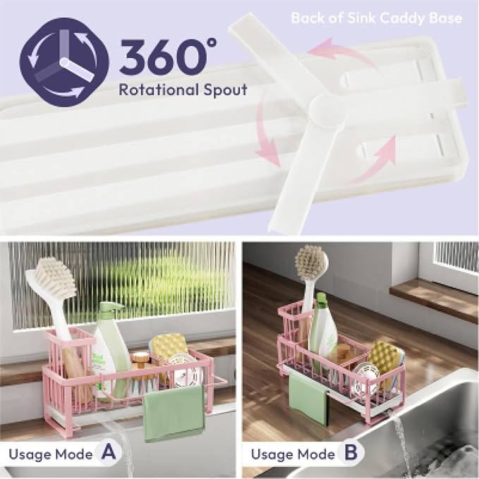 SWTYMIKI Sponge Holder for Kitchen Sink - Sink Caddy with Brush Holder Self-draining Sponge Caddy Organizer with Divider Stainless Steel Kitchen Accessories Storage for Countertop, Pink