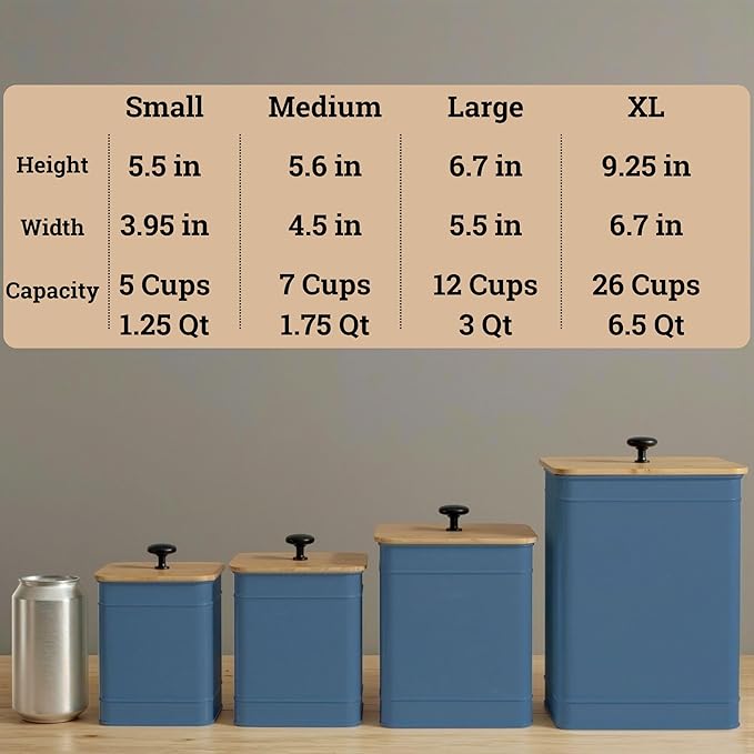 Kitchen Canisters for Countertop Set of 4 with Customizable Chalkboard Labels & Marker Pen - Big Iron Kitchen Canister Set with Airtight Lids - Blue Canisters - Sugar Tea Coffee Containers Sets