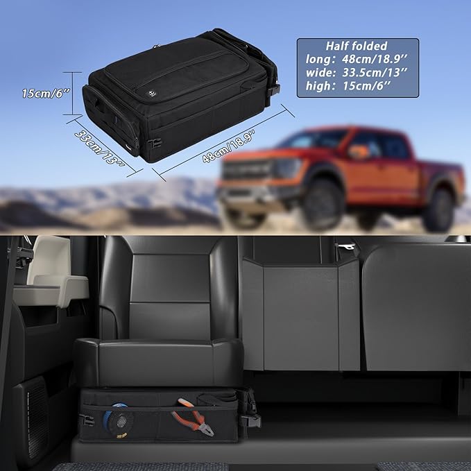 Under Seat Storage Bag Fit for SuperCrew Cab, Collapsible Truck UnderSeat Organizer with 3 Detachable Inner Dividers & Anti-slip Bottom Fit for Crew Cab(Full Size Trucks) (Large)