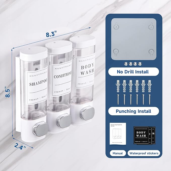 Shower Soap Dispenser Wall Mounted No Drill Shampoo Dispenser for Shower Wall Shampoo and Conditioner Dispenser Bathroom Hote 3 * 300ml White with 3 Labels