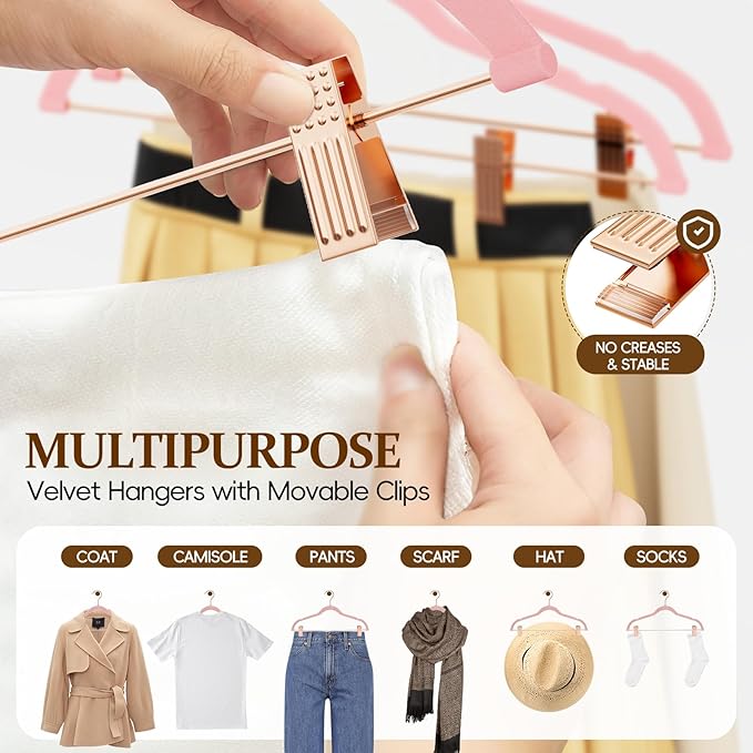 Velvet Hangers with Adjustable Clips 25 Pack, Space Saving, Non-Slip Slim Felt Clothes Hangers for Pants, Skirts, Dress, Suits, Heavy Duty Rose Gold Metal Hanger with 360° Swivel Hook (Pink)