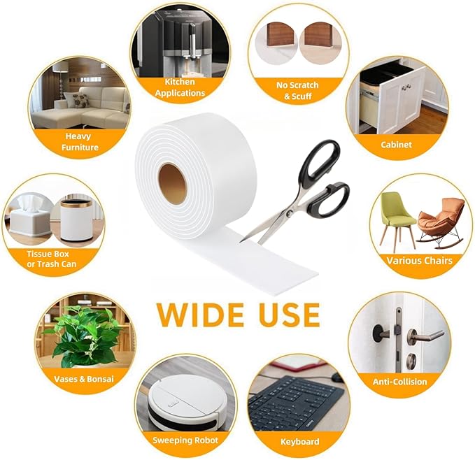 Felt Strips with Adhesive Backing – Furnigear Heavy Duty Cuttable Felt Tape Roll Furniture Pads for Chair Legs - Protecting Hardwood Floors, Chair Wall Protector (White, 120 x 2 x 0.14 Inch)