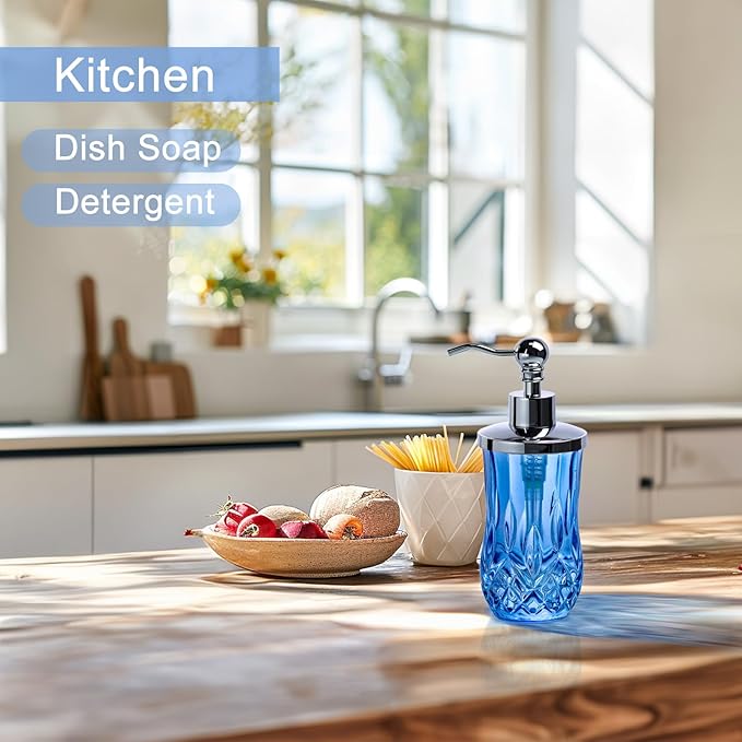 9Oz Blue Glass Soap Dispenser with Silver Pump,Lead-Free Thick-Cut Glass,Countertop Soap Dispensers for Bathroom & Kitchen,Round