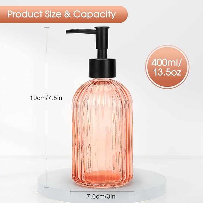 Topsky 2 Pack Glass Soap Dispenser with Black Plastic Pump, 400ml Liquid Hand Soap Dispenser, Rustproof Pump for Kitchen & Bathroom, Great for Lotions, Essential Oil, Liquid Soaps-Pinkish Orange