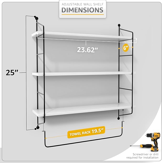 Sorbus 3-Tier Floating Bathroom Shelves for Wall - Wood Wall Storage for Towels, Over The Toilet Storage Cabinet, Gaming Floating Shelves, Bathroom Accessories, and Home Decor (White)