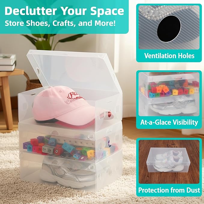 kilofly 10 Kids Women Smart Storage Containers Foldable Clear Shoe Box Set