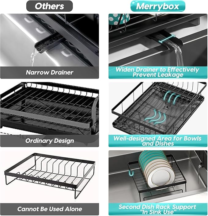 MERRYBOX Dish Drying Rack Space-Saving Dish Racks for Kitchen Counter, Rustproof Drying Rack Kitchen with Large Utensil Holder and Increased Feet, 16.5" D x 11.4" W x 5.65" H, Black