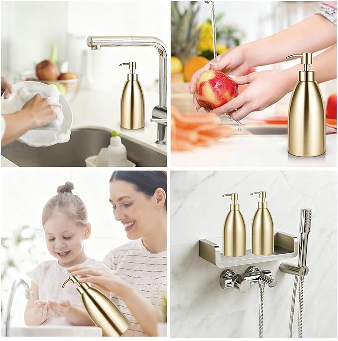 304 Stainless Steel Soap Dispenser 16oz Rust-Proof Liquid Soap Pump Bottle for Kitchen or Bathroom Countertop Hand Dish Lotion Leak-Proof (Champagne Gold)