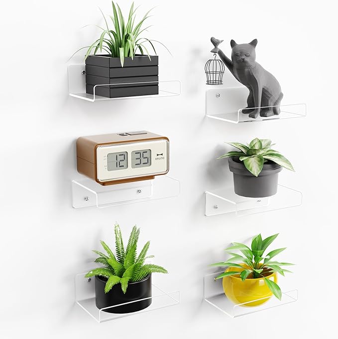 upsimples 6 Pack 6'' x 6'' Acrylic Small Shelves, Floating Shelves for Wall, Display Shelf Organizer for Plants, Speaker, Radio, Toys, Clear